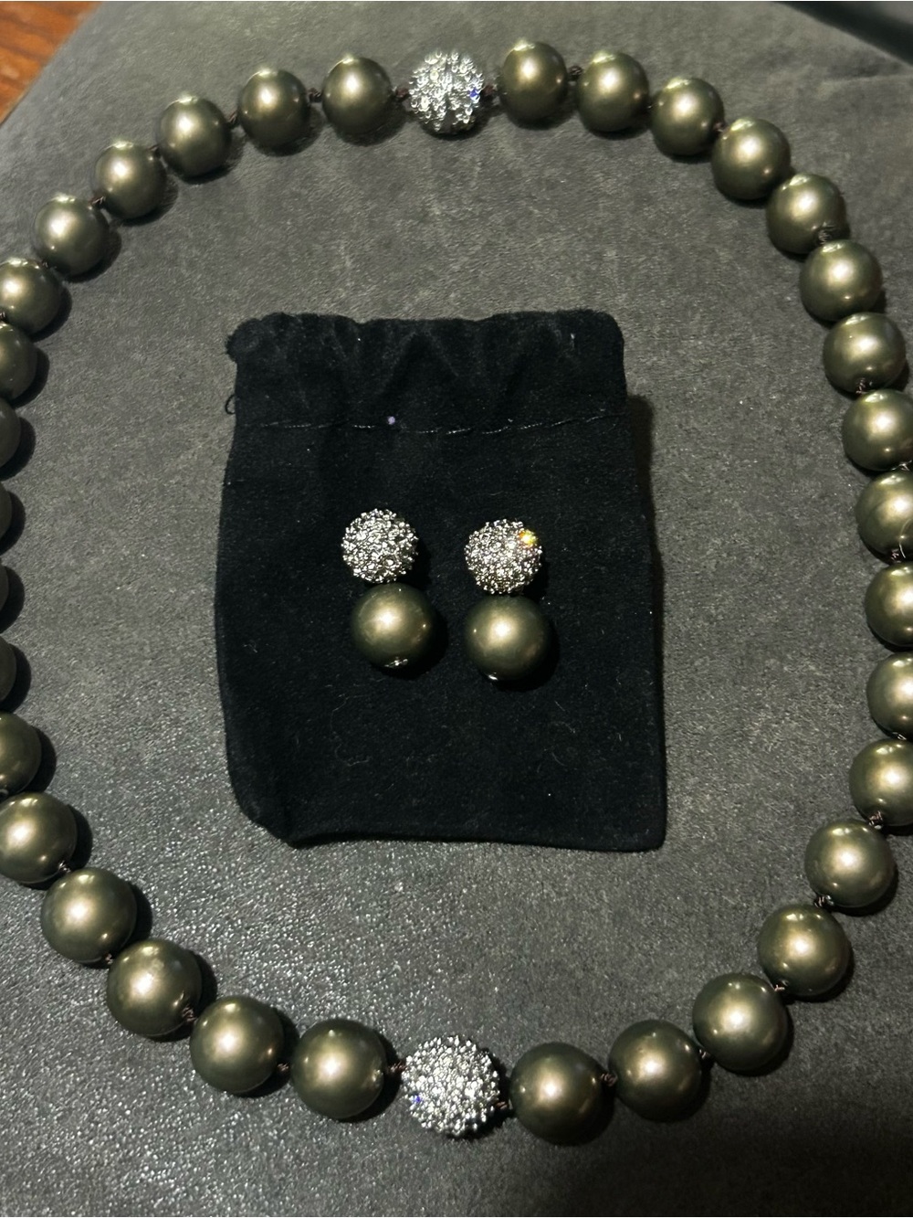 Ann Taylor Olive Green Pearl Necklace with Crystal Accent and Matching Earrings